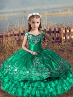 Enchanting Turquoise Satin and Organza Lace Up Little Girls Pageant Dress Sleeveless Floor Length Embroidery and Ruffled Layers