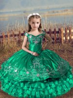 Enchanting Turquoise Satin and Organza Lace Up Little Girls Pageant Dress Sleeveless Floor Length Embroidery and Ruffled Layers(SKU XBLD020-9BIZ)