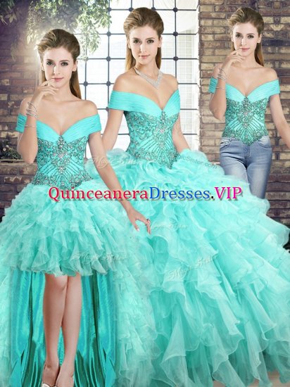 Customized Aqua Blue Three Pieces Off The Shoulder Sleeveless Organza Brush Train Lace Up Beading and Ruffles Sweet 16 Dresses - Click Image to Close