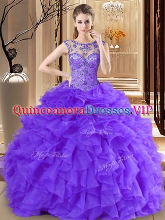 Great Purple Lace Up Scoop Beading and Ruffles 15 Quinceanera Dress Organza Sleeveless
