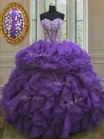 Beauteous Eggplant Purple Ball Gowns Beading and Ruffles Quinceanera Dress Lace Up Organza Sleeveless Floor Length