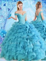 Luxury Off the Shoulder Baby Blue Sleeveless Floor Length Beading and Ruffles Lace Up Sweet 16 Dress