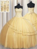 Gold Sweet 16 Dress Military Ball and Sweet 16 and Quinceanera with Beading and Sequins Sweetheart Sleeveless Lace Up