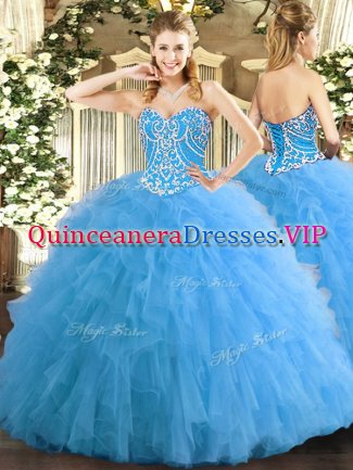 Floor Length Ball Gowns Sleeveless Aqua Blue Quince Ball Gowns Lace Up