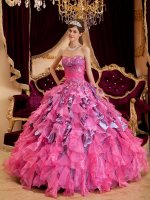 Blackfoot Idaho/ID Hot Pink Sweetheart Neckline Quinceanera Dress With Leopard and Organza Ruffled Skirt