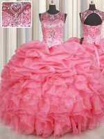 Customized Watermelon Red Ball Gowns Scoop Sleeveless Organza Floor Length Lace Up Beading and Ruffles and Pick Ups Quinceanera Gown