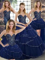 Navy Blue Sleeveless Brush Train Beading and Ruffled Layers Ball Gown Prom Dress