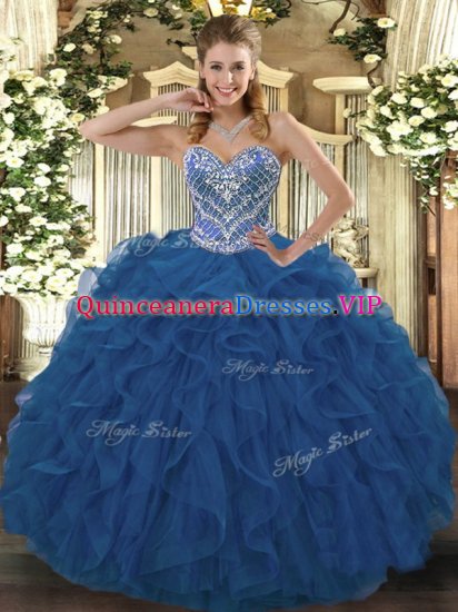 Blue 15 Quinceanera Dress Military Ball and Sweet 16 and Quinceanera with Beading and Ruffled Layers Sweetheart Sleeveless Lace Up - Click Image to Close