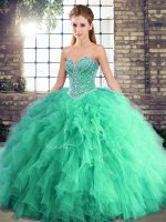 Pretty Tulle Sweetheart Sleeveless Lace Up Beading and Ruffles 15th Birthday Dress in Turquoise