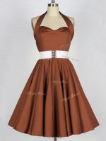 Brown A-line Taffeta Halter Top Sleeveless Belt Knee Length Zipper Dama Dress for Quinceanera