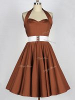 Brown A-line Taffeta Halter Top Sleeveless Belt Knee Length Zipper Dama Dress for Quinceanera(SKU SWBD132-12BIZ)
