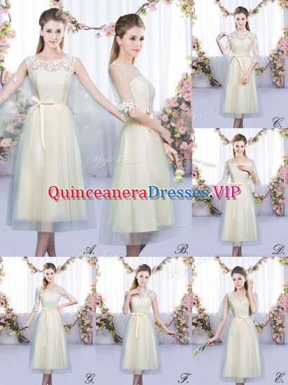 Champagne Tulle Lace Up Scoop Sleeveless Tea Length Quinceanera Court of Honor Dress Lace and Belt - Click Image to Close