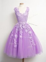Lilac A-line Appliques Quinceanera Court of Honor Dress Lace Up Tulle Sleeveless Knee Length(SKU SWBD165-7BIZ)