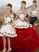 Pretty White And Red Quinceanera Dress Military Ball and Sweet 16 and Quinceanera with Embroidery and Ruffles Off The Shoulder Sleeveless Lace Up(SKU SJQDDT2142007BIZ)