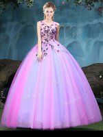 Traditional Multi-color Lace Up V-neck Appliques 15 Quinceanera Dress Tulle Sleeveless
