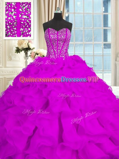 Deluxe Purple Ball Gowns Organza Sweetheart Sleeveless Beading and Ruffles With Train Lace Up 15 Quinceanera Dress Brush Train - Click Image to Close