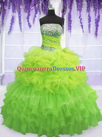 Dynamic Ball Gowns Organza Strapless Sleeveless Beading and Ruffled Layers and Pick Ups Floor Length Lace Up Ball Gown Prom Dress - Click Image to Close