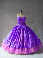 Fashionable Sleeveless Satin and Organza Floor Length Lace Up Quinceanera Gowns in Purple with Embroidery