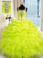 Exceptional Yellow Green Ball Gowns Beading and Ruffles Sweet 16 Dresses Zipper Organza Sleeveless Floor Length