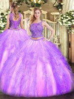 Lavender Sleeveless Tulle Lace Up 15 Quinceanera Dress for Military Ball and Sweet 16 and Quinceanera