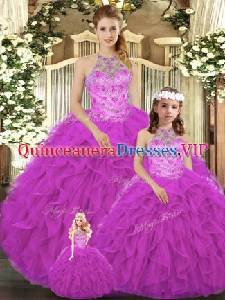 Simple Fuchsia Lace Up Halter Top Beading and Ruffles 15 Quinceanera Dress Tulle Sleeveless