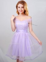 Fabulous Off The Shoulder Short Sleeves Court Dresses for Sweet 16 Mini Length Lace and Appliques and Belt Lavender Tulle