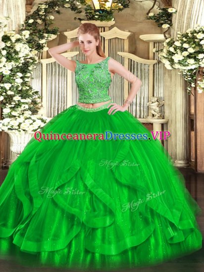 Sumptuous Sleeveless Organza Floor Length Lace Up Ball Gown Prom Dress in Green with Beading and Ruffles - Click Image to Close