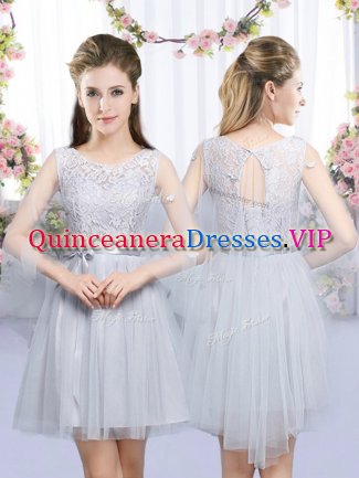 Grey Scoop Lace Up Lace and Belt Vestidos de Damas Sleeveless