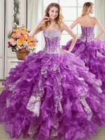 Flirting Sleeveless Floor Length Beading and Ruffles and Sequins Lace Up Vestidos de Quinceanera with Purple