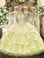 Fitting Light Yellow Halter Top Lace Up Beading and Ruffled Layers Ball Gown Prom Dress Sleeveless