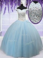 Decent Off the Shoulder Light Blue Lace Up 15 Quinceanera Dress Beading Sleeveless Floor Length
