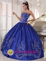 Jyvaskyla Finland Stylish Satin With Embroidery Blue Quinceanera Dress For Strapless Ball Gown