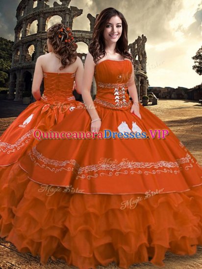 Popular Sleeveless Taffeta Floor Length Zipper Quinceanera Dress in Rust Red with Embroidery and Ruffled Layers - Click Image to Close