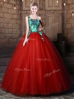 Adorable Rust Red Ball Gowns Tulle One Shoulder Sleeveless Pattern Floor Length Lace Up Sweet 16 Dress