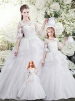 White A-line Scoop Half Sleeves Tulle Sweep Train Lace Up Lace and Ruffles Sweet 16 Dresses