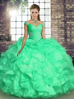 Turquoise Ball Gowns Off The Shoulder Sleeveless Organza Floor Length Lace Up Beading and Ruffles Sweet 16 Quinceanera Dress(SKU SJQDDT2144002-6BIZ)