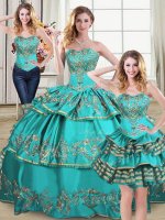 Wonderful Aqua Blue Sleeveless Embroidery and Ruffled Layers Floor Length 15 Quinceanera Dress