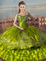 Cheap Floor Length Olive Green Ball Gown Prom Dress Satin and Organza Sleeveless Embroidery and Ruffled Layers