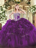 Sleeveless Floor Length Beading and Ruffles Lace Up 15 Quinceanera Dress with Dark Purple