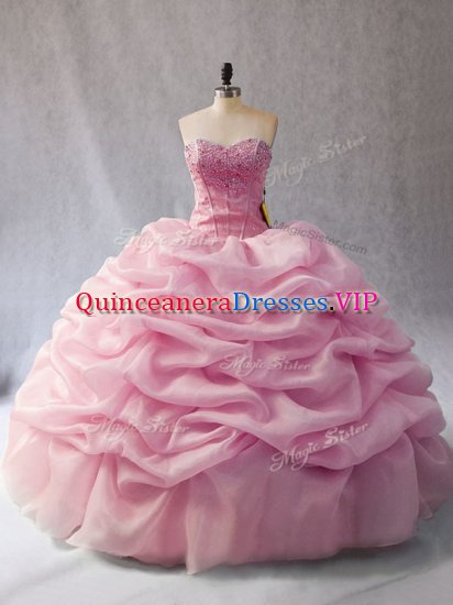 Organza Sweetheart Sleeveless Lace Up Beading and Pick Ups 15th Birthday Dress in Pink - Click Image to Close