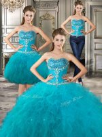 Spectacular Three Piece Sleeveless Tulle Floor Length Lace Up Quinceanera Gown in Teal with Beading and Ruffles