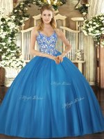 Unique Blue Quinceanera Dresses Sweet 16 and Quinceanera with Beading and Appliques Straps Sleeveless Lace Up