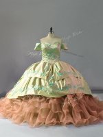 Organza Off The Shoulder Sleeveless Chapel Train Lace Up Embroidery and Ruffles Quinceanera Dress in Multi-color