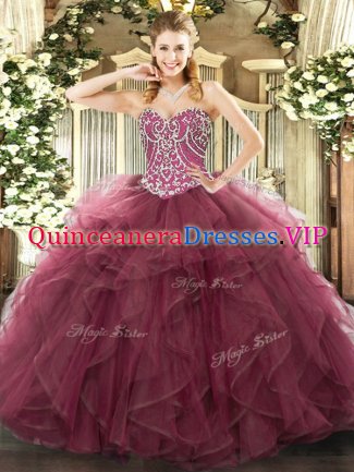 Fashion Floor Length Ball Gowns Sleeveless Burgundy Quinceanera Gowns Lace Up