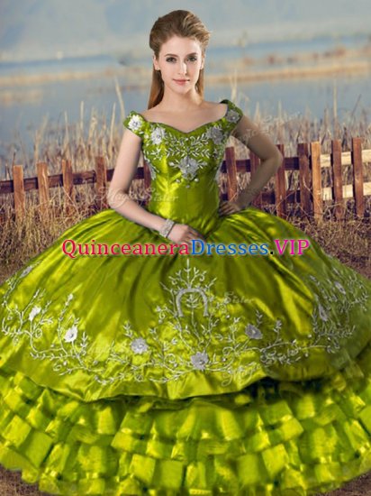 Cheap Floor Length Olive Green Ball Gown Prom Dress Satin and Organza Sleeveless Embroidery and Ruffled Layers - Click Image to Close