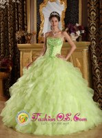 Del Rio TX Yellow Green Organza Ruffle Layers Quinceanera Dress With Applique decorate Strapless Bodice
