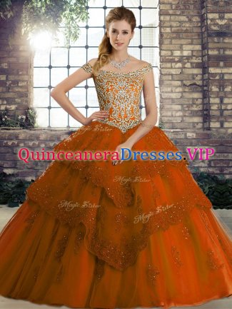 Superior Beading and Lace Quinceanera Gown Rust Red Lace Up Sleeveless Brush Train