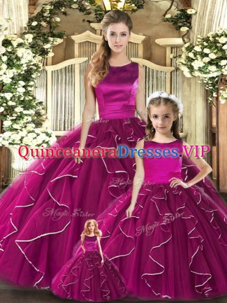 Sleeveless Floor Length Ruffles Lace Up Vestidos de Quinceanera with Fuchsia