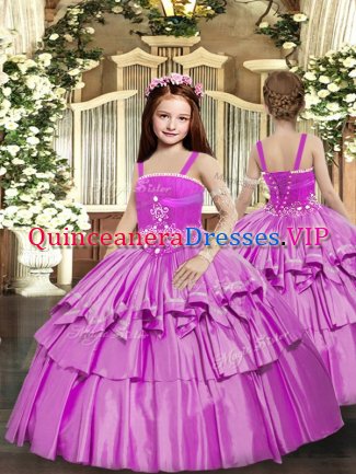 Beauteous Lilac Taffeta Lace Up Straps Sleeveless Floor Length Pageant Gowns For Girls Beading and Ruffled Layers
