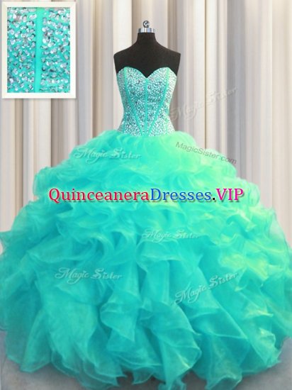 Visible Boning Sweetheart Sleeveless Lace Up Quince Ball Gowns Aqua Blue Organza - Click Image to Close